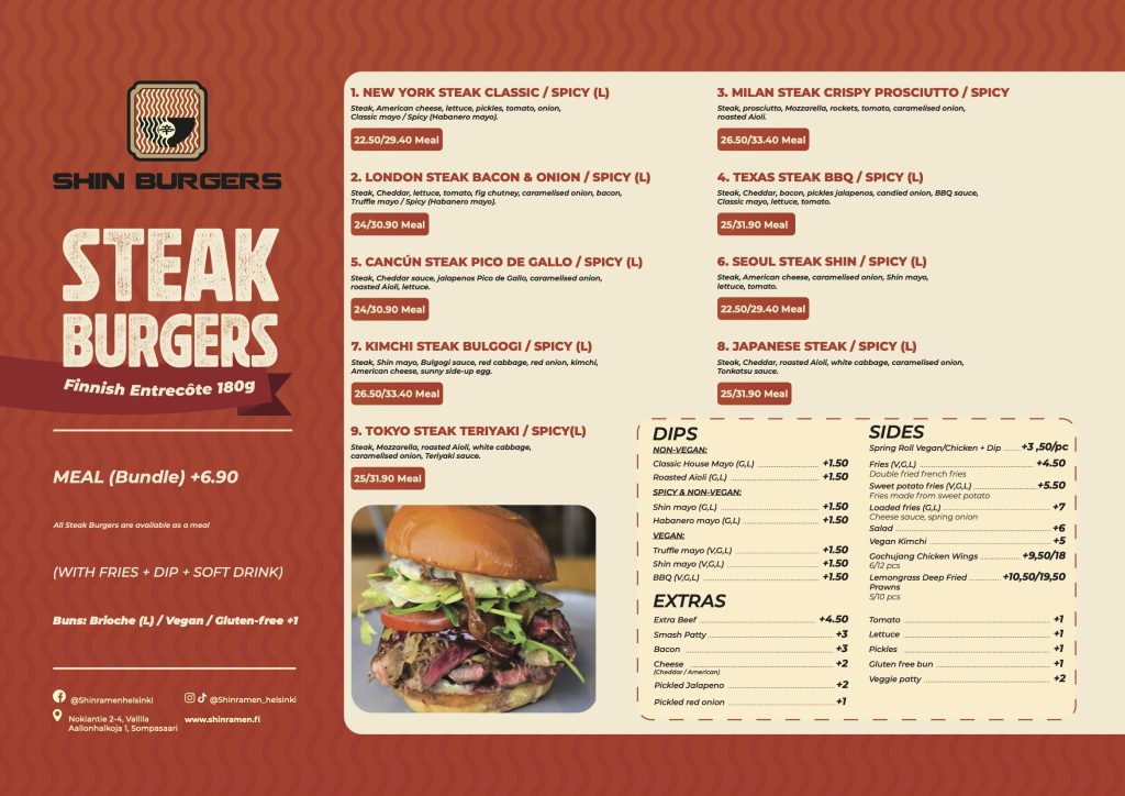 Asian restaurant stake burgers menu